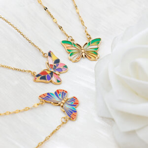 Hand-painted colorful enamel butterfly pendant necklace made of 18k gold plated stainless steel for women.
