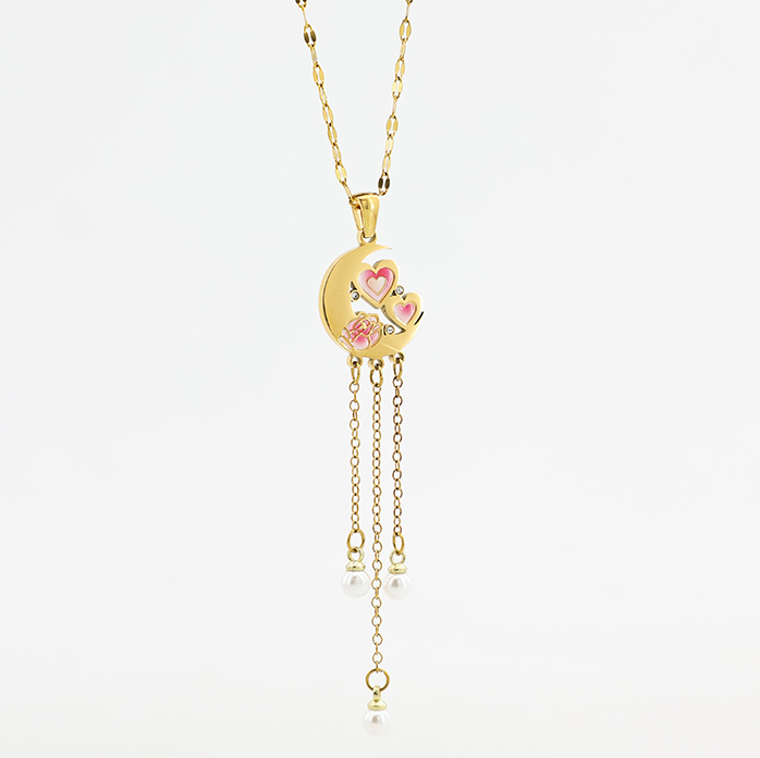 Celestial Moon & Pearl Tassel Necklace | Feminine Gift for Her Full view of a long gold moon and heart pendant necklace with pearl tassels on a clean white background.