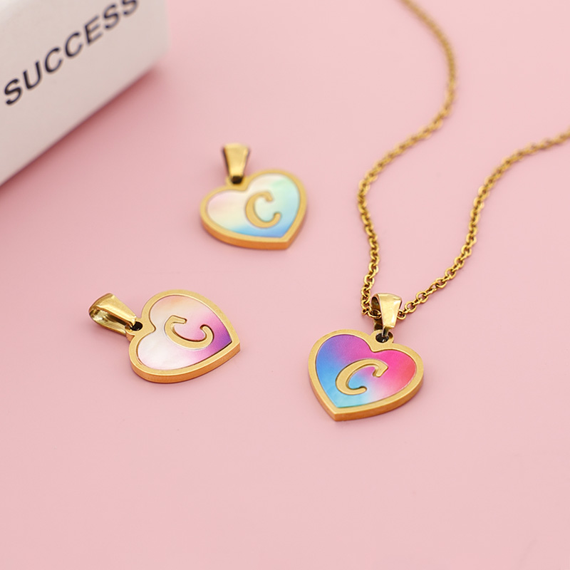 Interchangeable Initial Pendants | Colorful Alphabet Jewelry Hand-painted letter C heart pendants in various colors shown with a matching gold link chain.