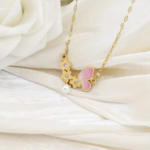 Girly pink butterfly and gold flower necklace with a pearl charm surrounded by small decorative pink roses.