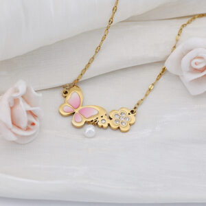 Pink butterfly and flower pearl necklace surrounded by roses, an ideal jewelry gift for women.