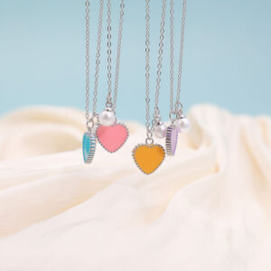 dainty colorful enamel heart necklace with pearl charm